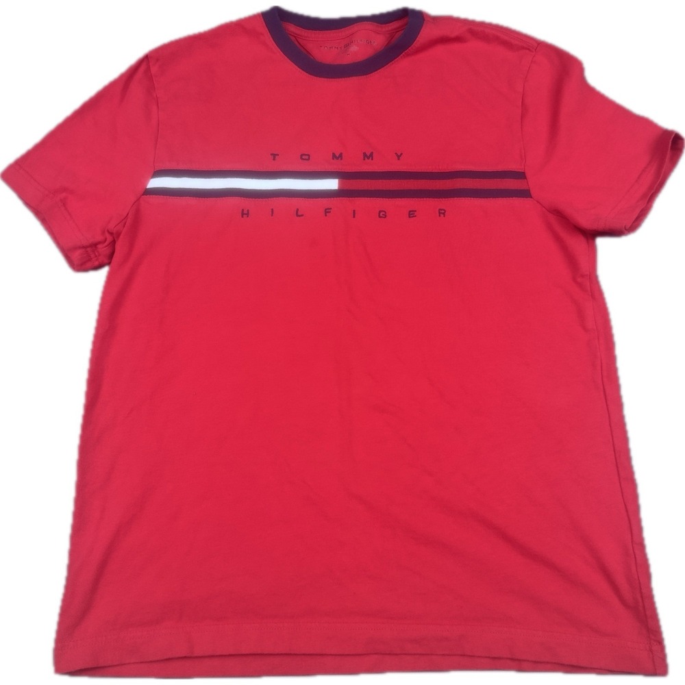 Tommy Hilfiger Mens Logo Stripe T-Shirt Medium Red Short Sleeve Crew Neck